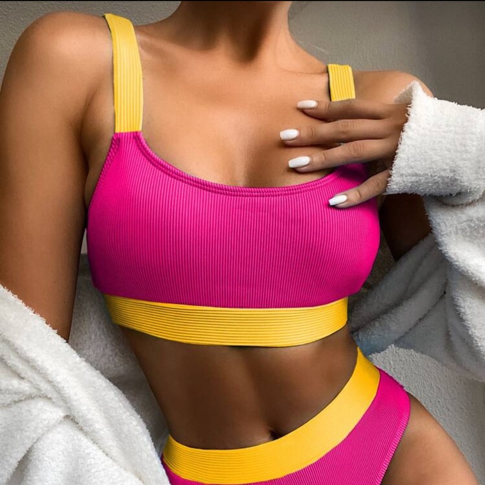 SHEIN Pink and Yellow Ribbed Bikkini Top